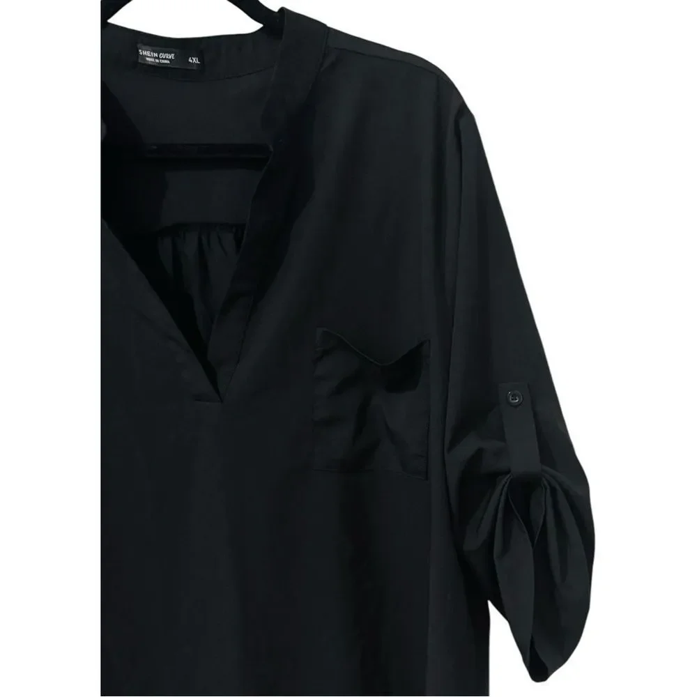 SHEIN Curve Women's V-Neck Tunic Blouse Roll Tab Sleeves Casual (4XL) Black